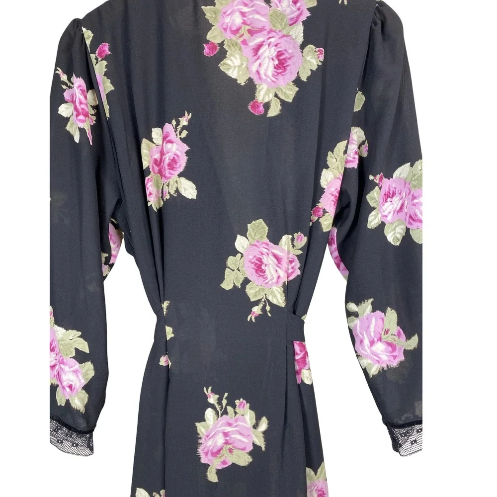 Vintage Oscar de la Renta Pink Label Floral Wrap Robe Rose Chiffon Lace Maxi M